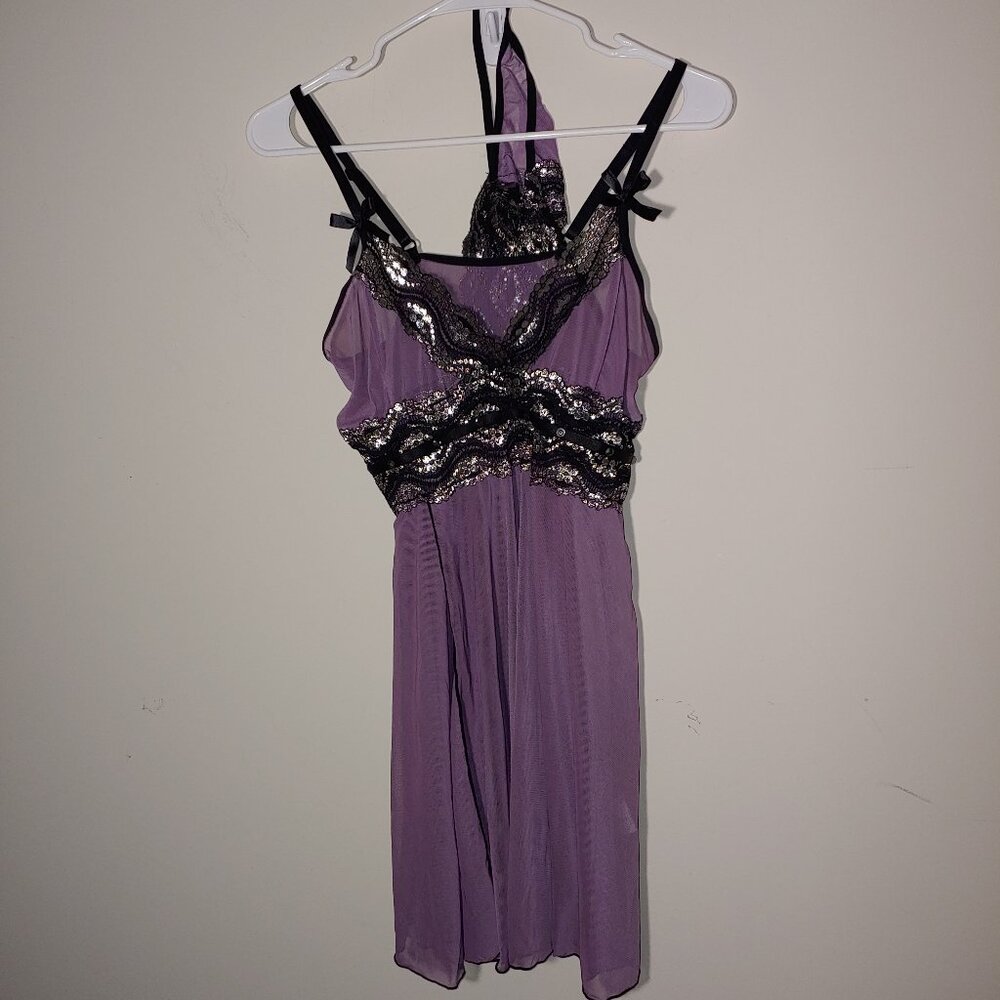 Coquette Metallic Mesh Purple Babydoll Chemise Size S Lingerie Set